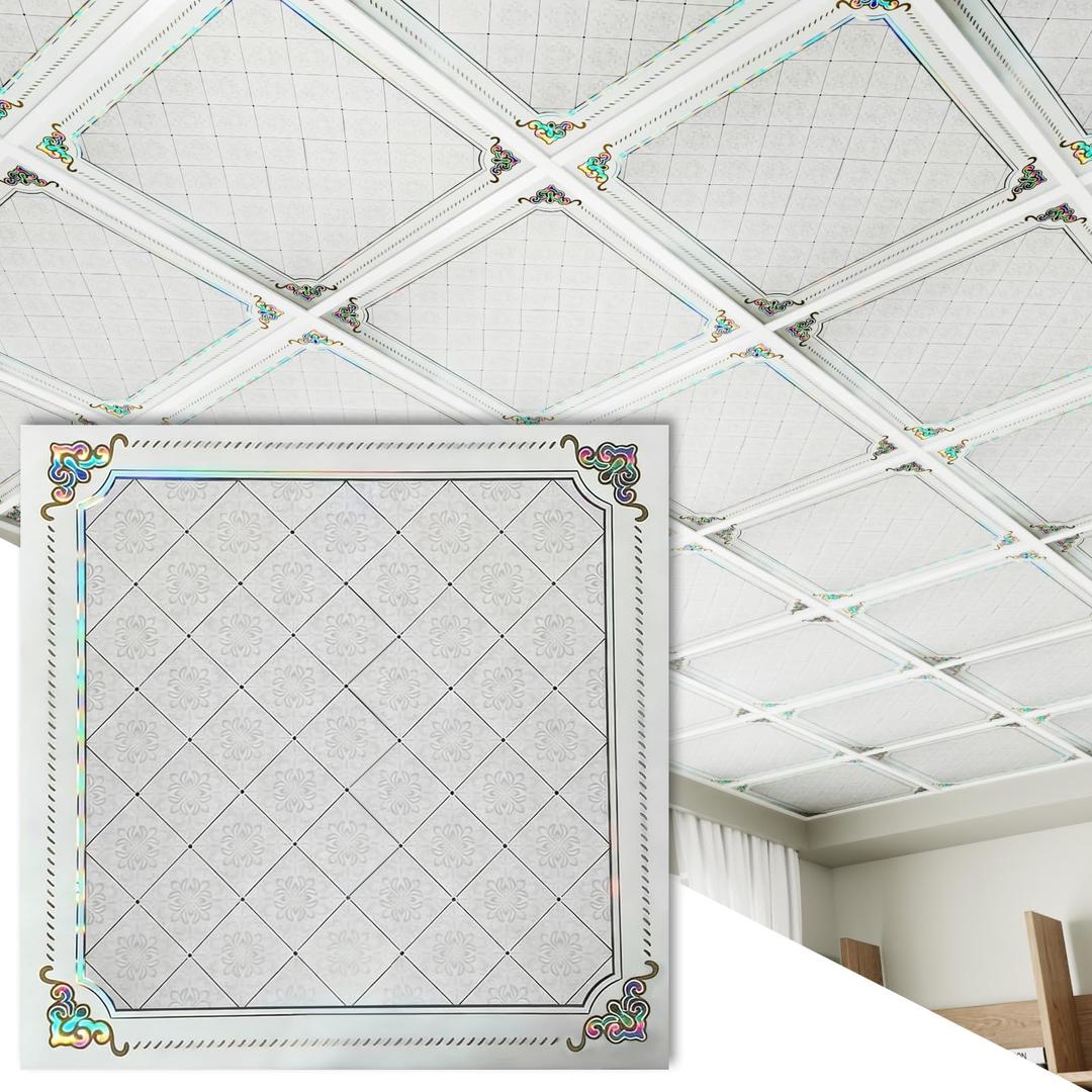 LooYee 24 PCS 2x2 Ft High-Strength Ceiling Tiles, 24x24 Inch Diamond Lattice Ceiling Panels, Rigid PVC Waterproof Washable Cuttable Material Ideal for Living Room Basement Cover 96 Sq.Ft