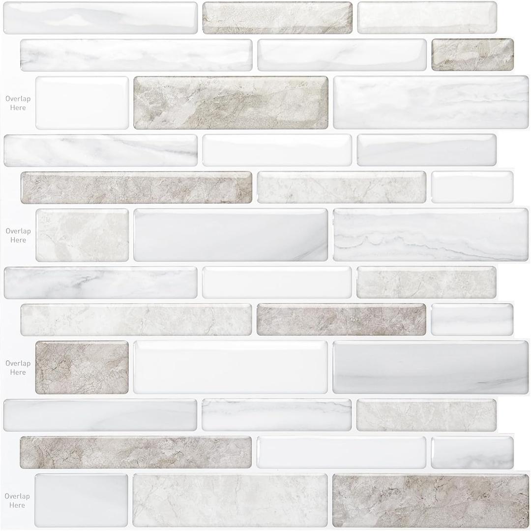 WOWSTAR 10 Sheet Marble Peel and Stick Backsplash for Kitchen,Self-Adhesive Tile Backsplash for Kitchen, Bathroom, 12" x 12", (Beige & White)
