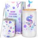 Clexela Birthday Gifts for 4 5 6 7 8 9 10 11 12 Year Old Girls Monogrammed Initial Glass Cups,16oz Glass Cups with lid and straw, Personlized Valentine Mermaid Gifts for Kids Girls Purple S