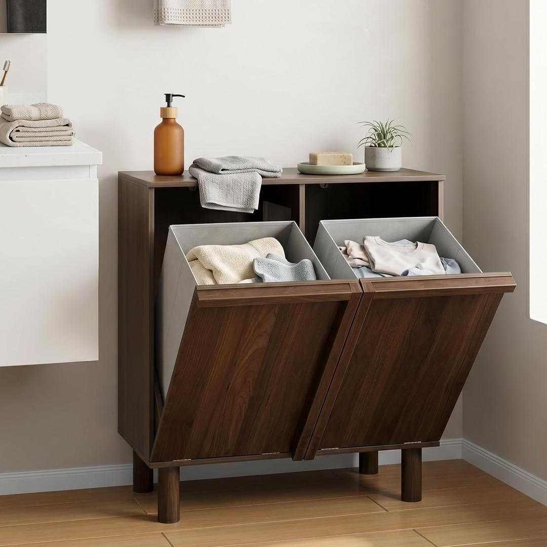 Smart FENDEE Double Laundry Hamper Cabinet, 26.2" Small Wooden Dirty Clothes Basket with Handles, Narrow Tilt-Out Laundry Sorter for Small Spaces, Bathroom, Bedroom, Apartment, Walnut Finish, 26.18" x 13.94" x 28.46"