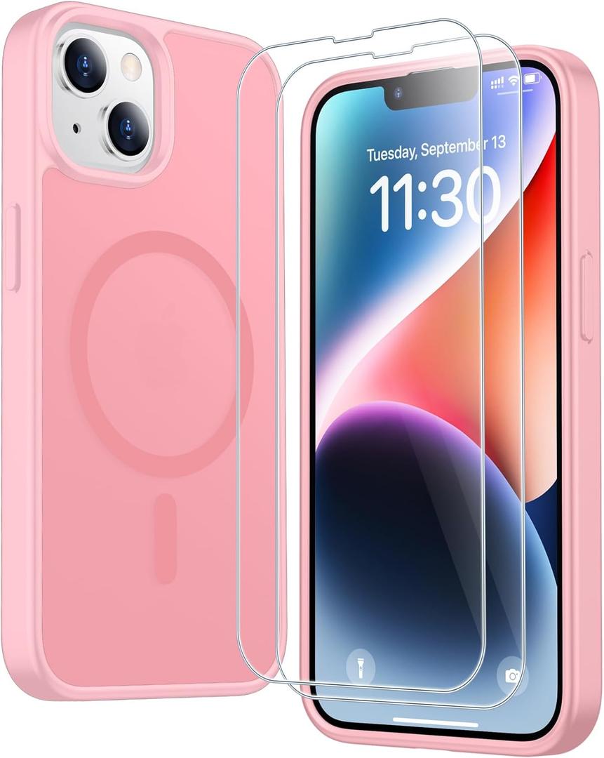 SPIDERCASE for iPhone 13 Case for iPhone 14 Case, Magnetic Translucent Matte Case with 2PCS Tempered Glass Screen Protector Slim Phone Case for iPhone 13/14 6.1'', Pink