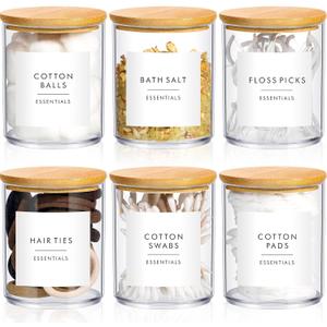 Yaomiao 6 Cotton Pad Holder Bathroom Container, 10 oz Cotton Ball Swabs Dispenser, Clear Plastic Apothecary Jar Organizer with Bamboo Lids for Storage Floss Pick Makeup(Wood Color)