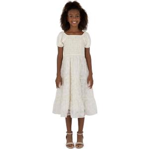 Speechless Girls' Puff Sleeve Square Neck Smocked Floral Midi Dress (White)