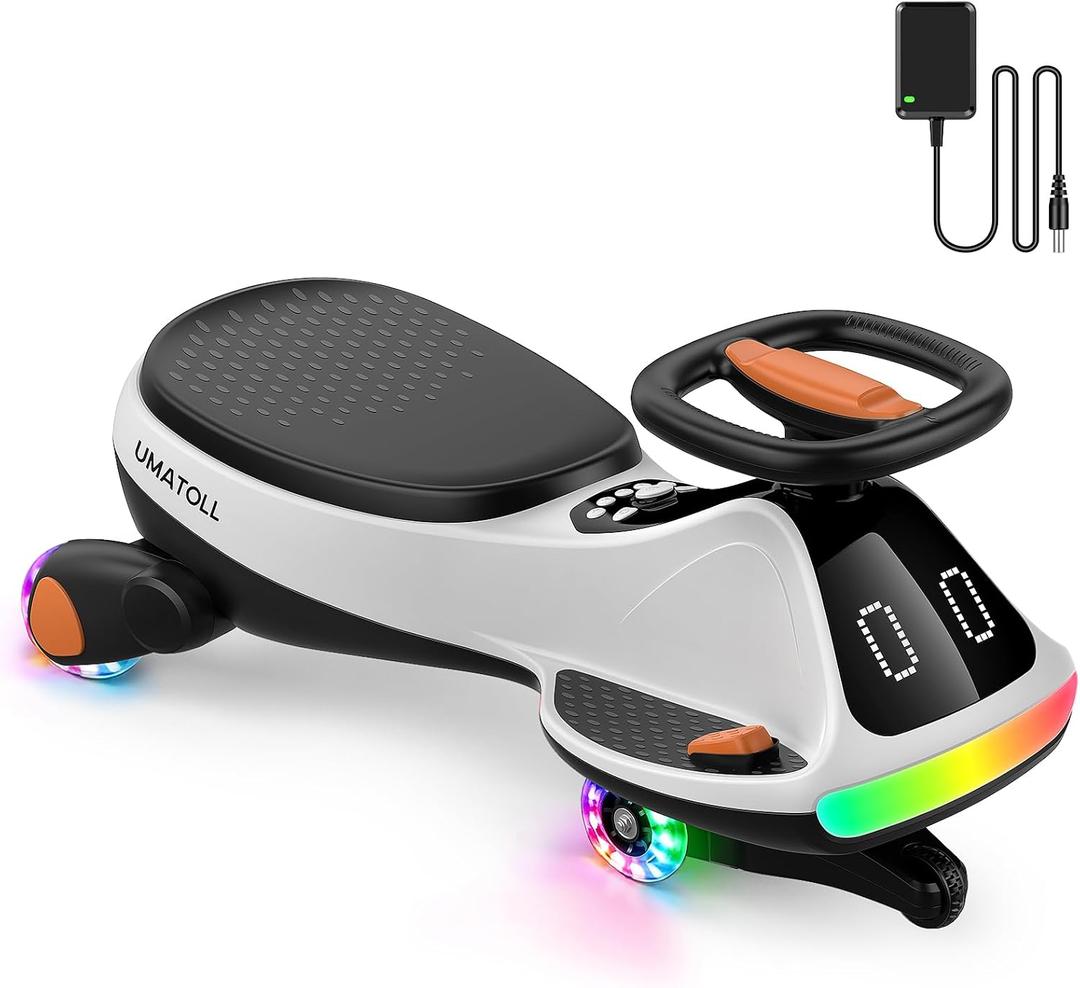 Umatoll 12V Electric Wiggle Car for Kids, Birthday Gifts Toy for Age 3+ | LED Expression Display, 2 in 1 Electric & Manual Riding Modes, RGB Lights, Bluetooth, 2 Speeds, Rechargeable Battery, Medium