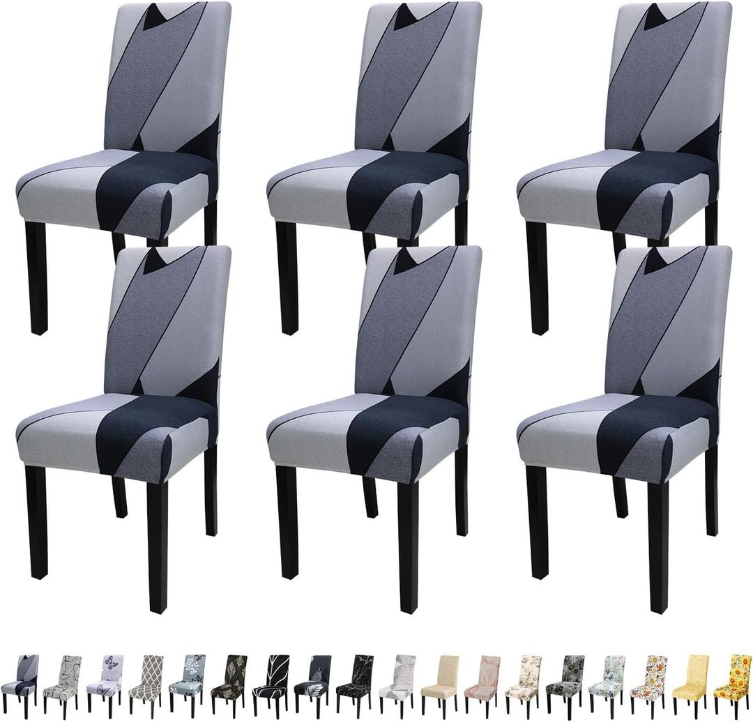 JQinHome Pattern Chair Covers for Dining Room Set of 6, High Stretch Removable Washable Parsons Chair Slipcover for Home Party Hotel Wedding Ceremony (White Grey,6PCS) (C010 Flower)