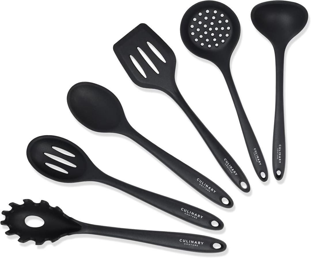 Culinary Couture Black Silicone Kitchen Utensils Set of 6, Non-Stick Heat-Resistant Silicone Kitchen Utensils Set with Steel Inner Core