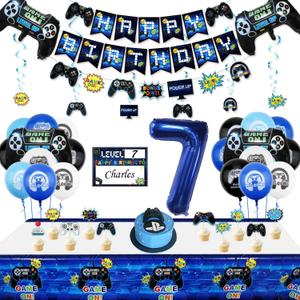 Video Game Party Decorations - 7th Birthday Decorations for Boys, HAPPY BIRTHDAY Banner, Video Game Balloons, Number 7 Blue Balloons, Gaming Hanging Swirls, Game On Birthday Party Supplies