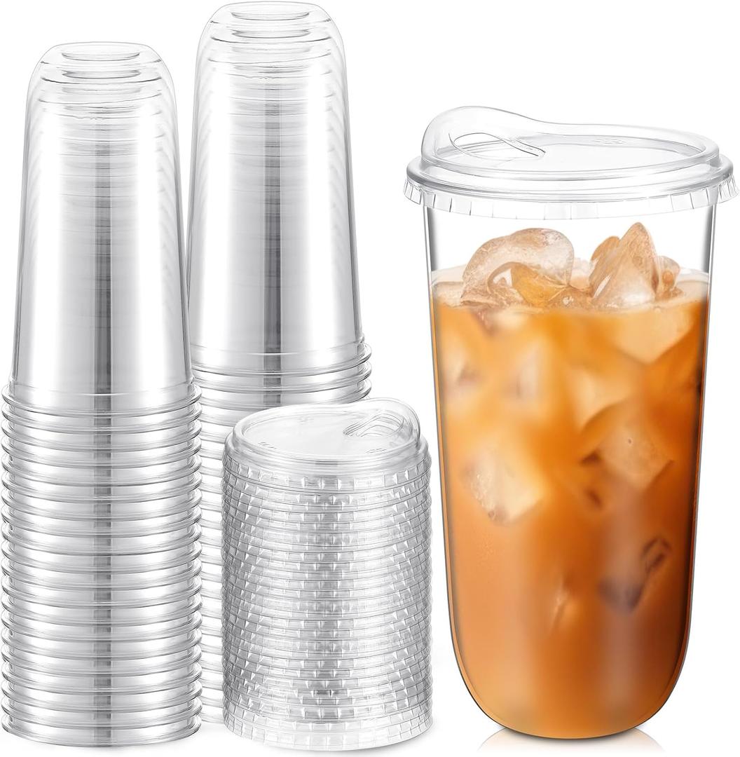 Baderke Clear Plastic Cups with Strawless Sip Lids Disposable Round Bottom Togo Cups for Coffee Smoothie Cold Beverage Coffee Shops and Party Catering (20 oz,50 Pcs)