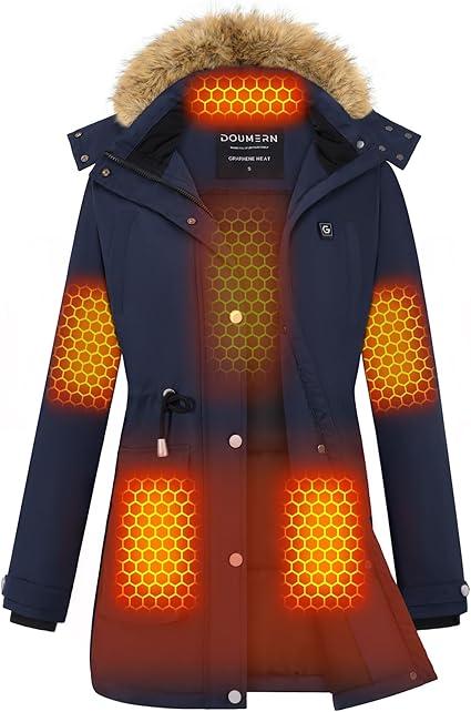 Graphene Women Heated Parka Jacket with 18400 mAh Battery Pack,Blue,2XL