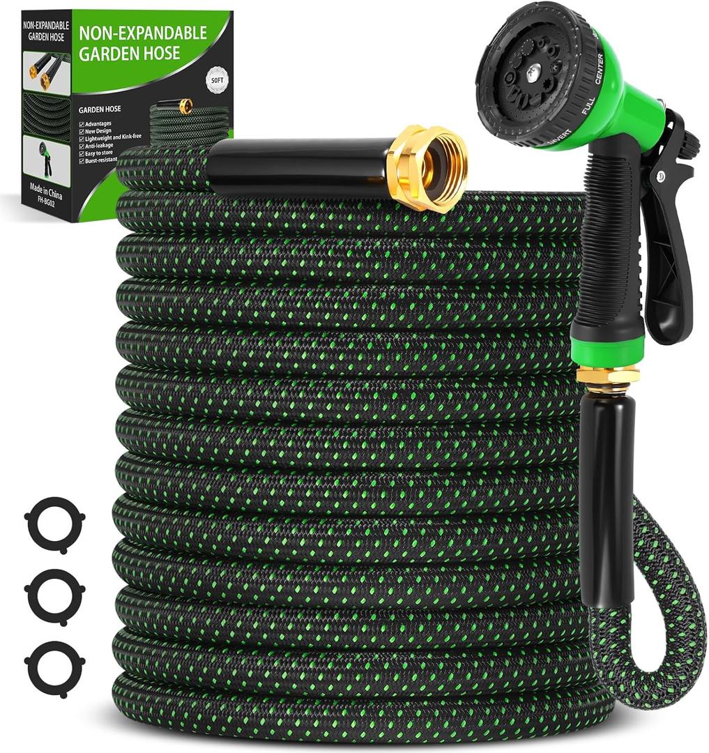 Garden Hose 50ft, Non-Expanding Water Hose with 10 Function Nozzle, Lightweight, Kink Free, Sturdy, Leak-Proof, Portable, Flexible Hose 50ft for Outdoor, Yard, Lawn, Car Wash and Camper Use (Green)