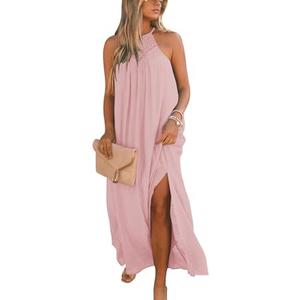 FARORO Sleeveless Long Dress for Women Boho Halter Maxi Sundress Casual Loose Dresses Split Cover Up Gown with Pockets Size XXL