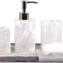 Resin Soap Dish, Soap Dispenser, Toothbrush Holder & Tumbler Bathroom Accessory 5 Piece Set (White)