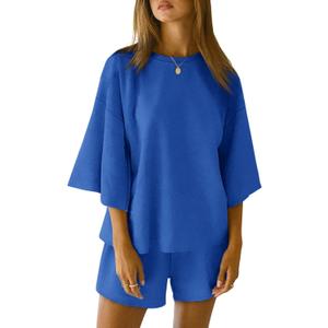 Tankaneo Womens Pajama Sets 3/4 Sleeve Oversized Tops and Elastic Waist Shorts Lounge Sets Loungewear (Large, Blue)