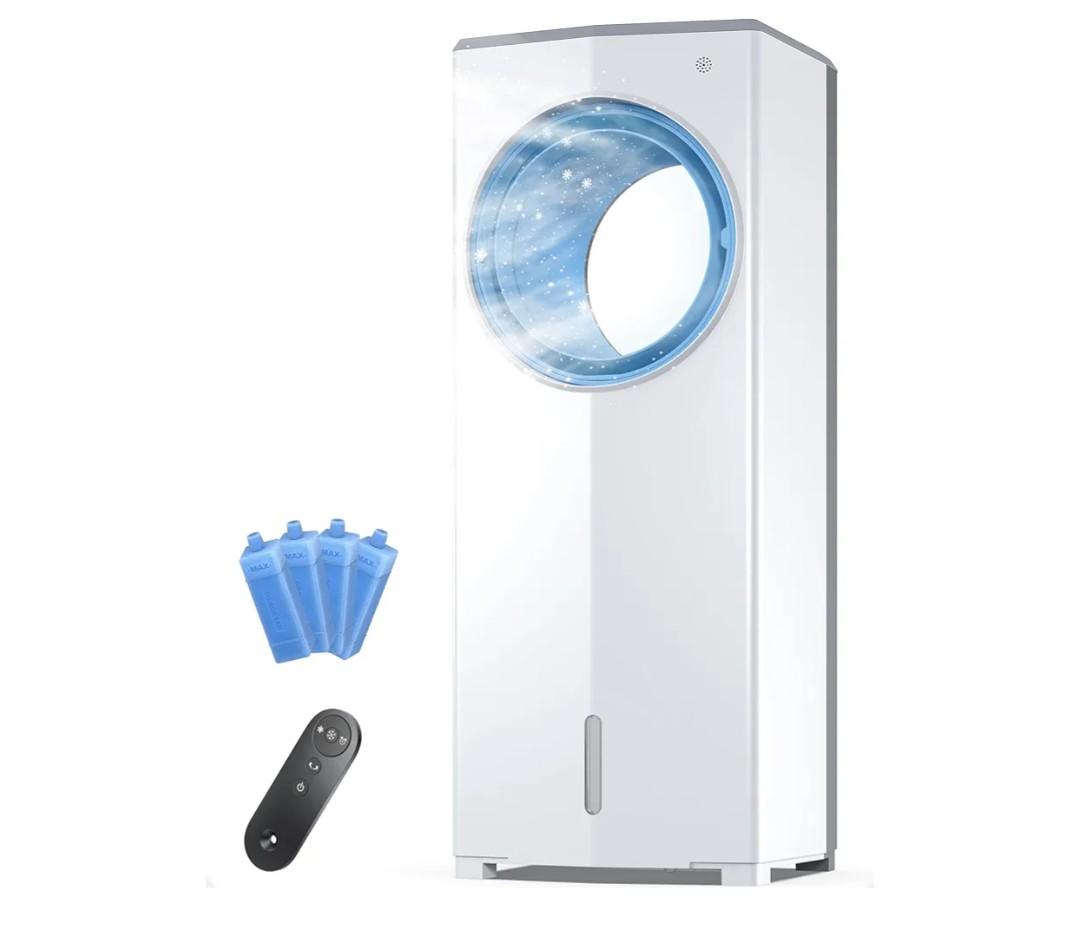 Windowless Portable Air Conditioner, 26" Small Evaporative Air Cooler for Room No Window, 3-Speed Settings, 4 Modes, 7H Timer, Remote Control, 4 Ice Packs, Quiet AC Unit for Bedroom, White