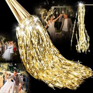 24 Pcs Lighted Wedding Wands LED Tinsel Wands Light up Streamers Sparklers for Wedding Send Off and Exits Birthday Party Props Favors(Gold Tinsel)
