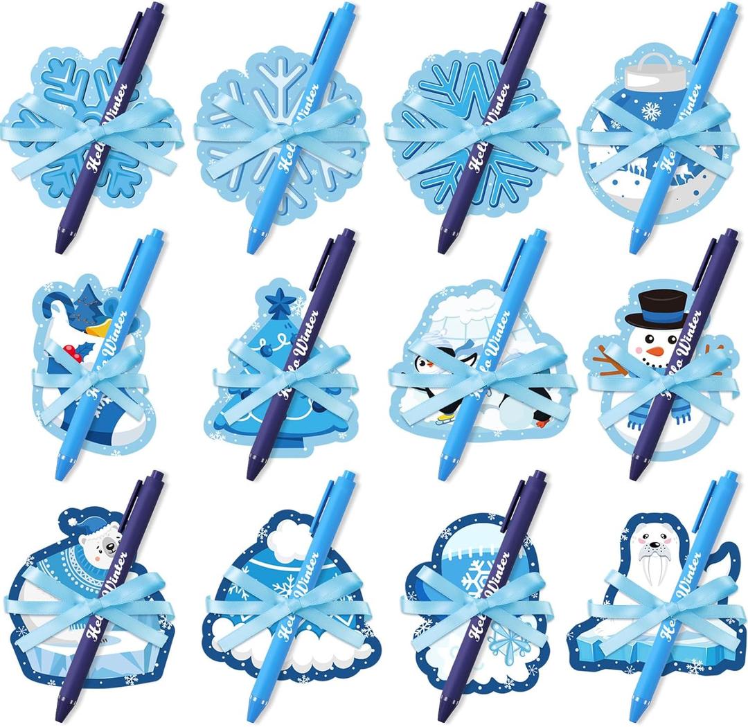 Tenare 24 Set Winter Sticky Notes and Pens Set Mini Christmas Notepads Bulk Winter Gifts for Students Coworkers Snowflake Polar Animal Pad Pen Holiday Classroom Party Favors Adults Office Supplies