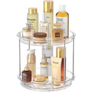 360 Rotating Makeup Organizer – 2 Tier Lazy Susan Turntable Organizer, Clear Bathroom Counter Organizer for Vanity, Spinning Skincare Perfume Tray for Bathroom, Dresser, Kitchen Cabinet