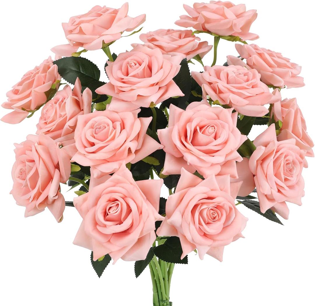 Floweroyal 15PCS Pink Roses Artificial Flowers 4.33" Velvet Flowers with Long Stem Fake Roses for Mother's Day, Wedding Bridal Bouquets, Floral Arrangement, Table Centerpieces, Home Decorations