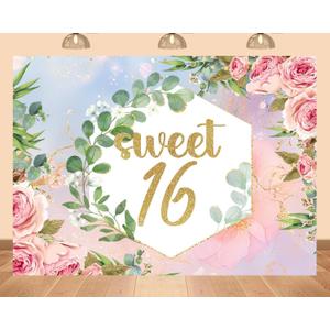 7x5ft Sweet 16 Photography Backdrop Pink Roses Green Leaves Gold Glitter Letters for Girls Birthday Party Graduation Bridal Shower Decoration Backgrounds
