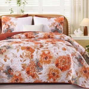 Luxudecor Floral Quilt Set King Size - 3 Pieces Orange Watercolor Botanical Bedspread Coverlet Set with 2 Pillowcases, Lightweight Soft Bedding Set for All Seasons 108"x92"