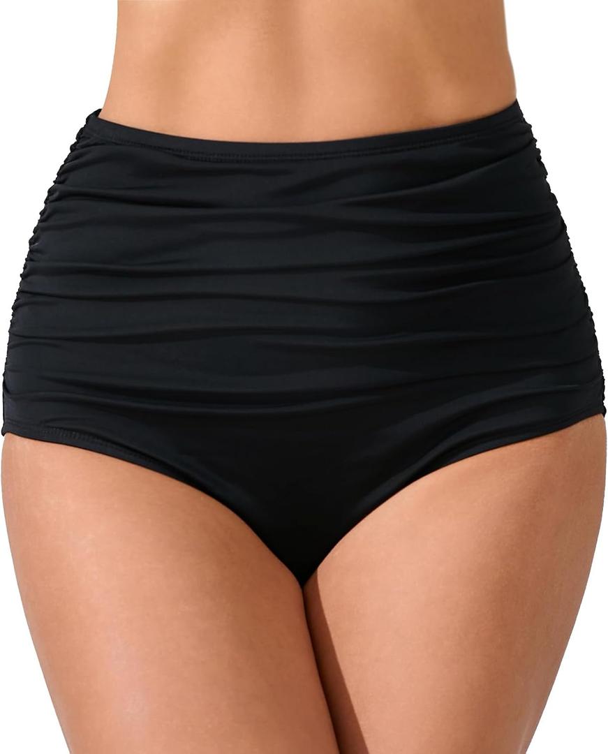 Womens High Waisted Full Ruched Bikini Swimsuit Bottoms Tummy Control Full Coverage Bathing Suit Bottoms (Medium, Black1)