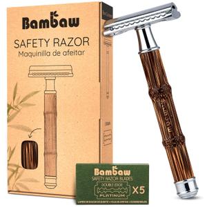 Bambaw Double Edge Safety Razor for Women & Men, Double Edge Razors with 5 Blades, Reusable Single Blade Razor, Eco-Friendly & Plastic Free  Slim Bamboo Silver