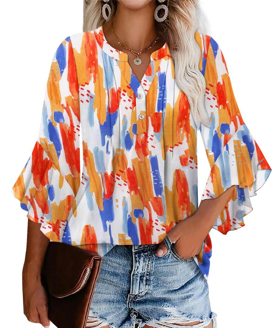 Angerella Womens Work Tops Professional Attire Dressy Casual Loose Business Shirts 3/4 Sleeve Chiffon Tunics V Neck Office Wear Fall Elegant Career Formal Blouses L (Orange, L)