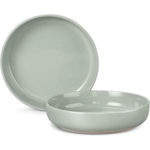 LIANYU Pasta Bowls Set of 2, 33oz Large Stoneware Salad Serving Bowls, Round and Wide Pasta Plates for Dinner, Dishwasher & Microwave Safe, Fog Green