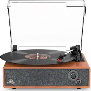 Vinyl Record Player Built-in Stereo Speakers Vintage Turntable Vinyl Records LP Phonograph Belt Drive 3 Speed 3 Size Support Wireless Input RCA Output Auto Stop Tone Adjustment Retro Wooden Walnut Red