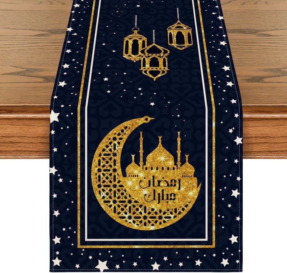 Artoid Mode Black Moon Star Gloden Ramadan Table Runner, Seasonal Summer Holiday Kitchen Dining Table Decoration for Home Party Decor 13 x 72 Inch