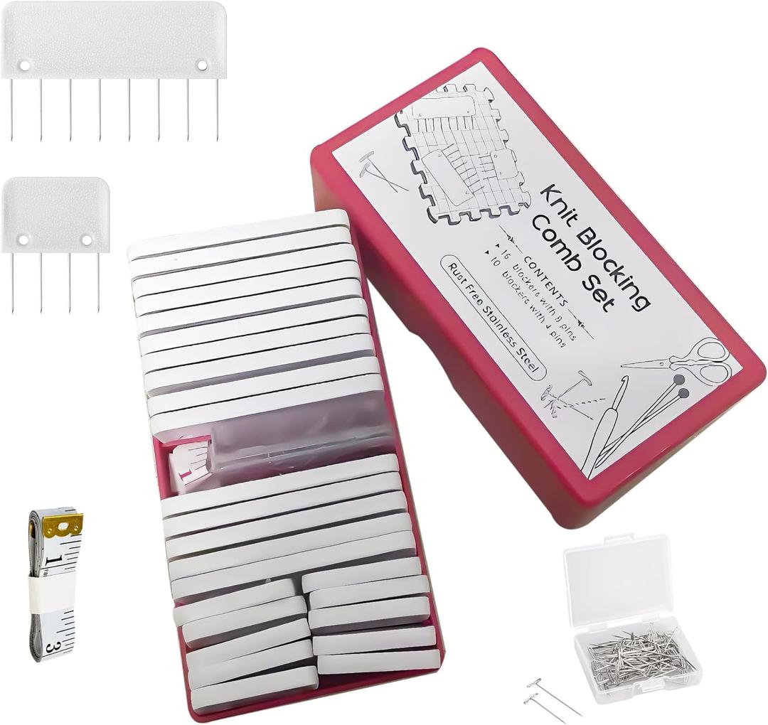 Knit Blockers Pins Kit, 25Pcs Knit Blocking Combs & 30 T-pins for Knitting Blocking Board Mats, Crochet Knitting Pins for Crochet Projects, Sewing Lace Needlework Projects Tool (White)