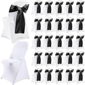 Lounsweer 50 Pcs Folding Chair Cover Set with 25 Stretch Spandex Slipcovers 25 Satin Chair Sashes Bows Ribbon Washable Banquet Protector for Wedding Event Party(White, Black)