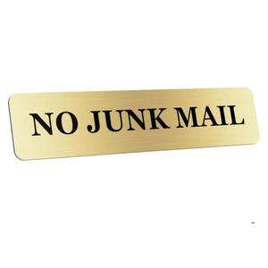 No Junk Mail Sign - Gold Metallic Adhesive Letterbox Plaque - Outdoor Weatherproof Aluminium Composite - Peel & Stick Mailbox Label
