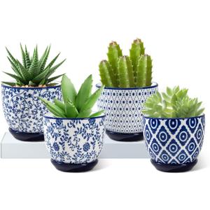 Ceramic Succulent Planter Pots - 3.5 Inch Small Flower Pot with Drainage Holes and Saucers for Indoor Plant, Cactus, Herbs, Outdoor Plants, Home Decor, Set of 4, Vintage Blue