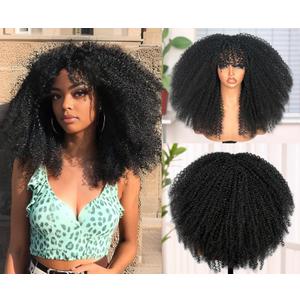 ZadaBelly 18Inch Long Afro Black Curly Wig With Bang for Black Women Bomb Kinky Curly Wig Heat Resistant Puffy and Fluffy Bouncy Curly Synthetic Hair,Natural LookingBlack color wig