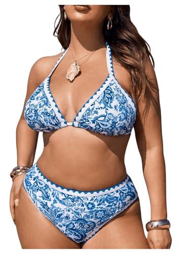 OYOANGLE Women's Plus Size Floral Print Bikini 2 Piece Swimsuit Triangle Halter Bathing Suit High Waisted Swimwear Blue and White 3XL
