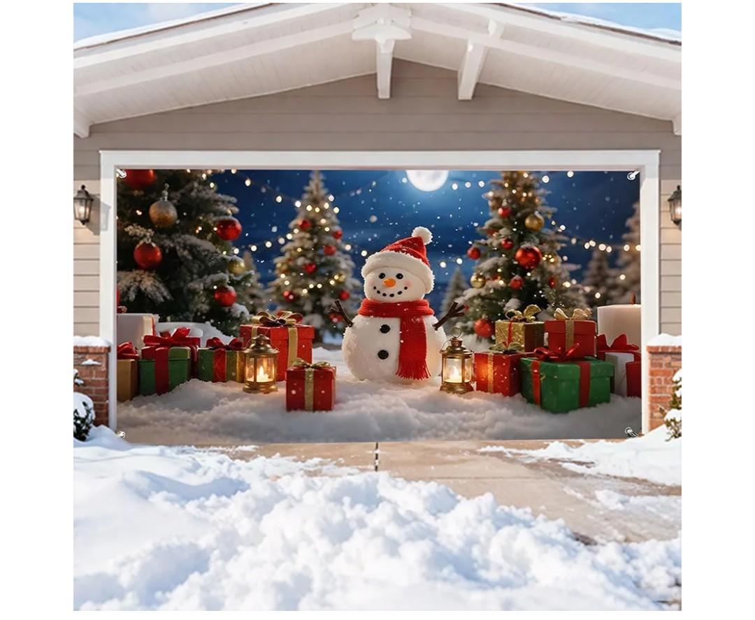 Santa Claus Garage Door Cover, Christmas Backdrop Santa Claus Snowman Christmas Tree Forest Scene Banner, Holiday Party Wall Decoration for Indoor Winter Celebration Display (Color_15)