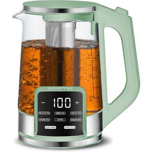 Gourmia Electric Glass Kettle 1.7L Programmable Tea & Coffee Brewer with Digital Touch Display, 6 Presets, Removable Stainless Steel Infuser, Cordless with 360 Swivel Base, Green