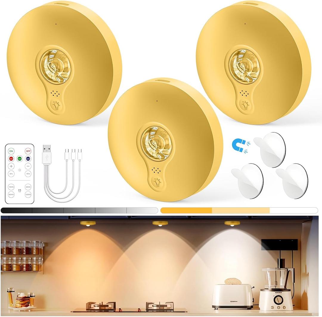 Yiliaw Rechargeable Puck Lights with Remote, 3 Pack Magnetic Under Cabinet Lighting, 1500mAh Battery Operated LED Tap Lights with Dimmer & Timmer for Kitchen, Closet, Shelf - 3 Color Temps, Gold