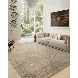 Washable Living Room Area Rug: 9'x12' Large Distressed Vintage Boho Non Slip Soft Faux Wool Rug for Bedside, Kitchen, Farmhouse, Nursery, Playroom, Dining Room, Bedroom