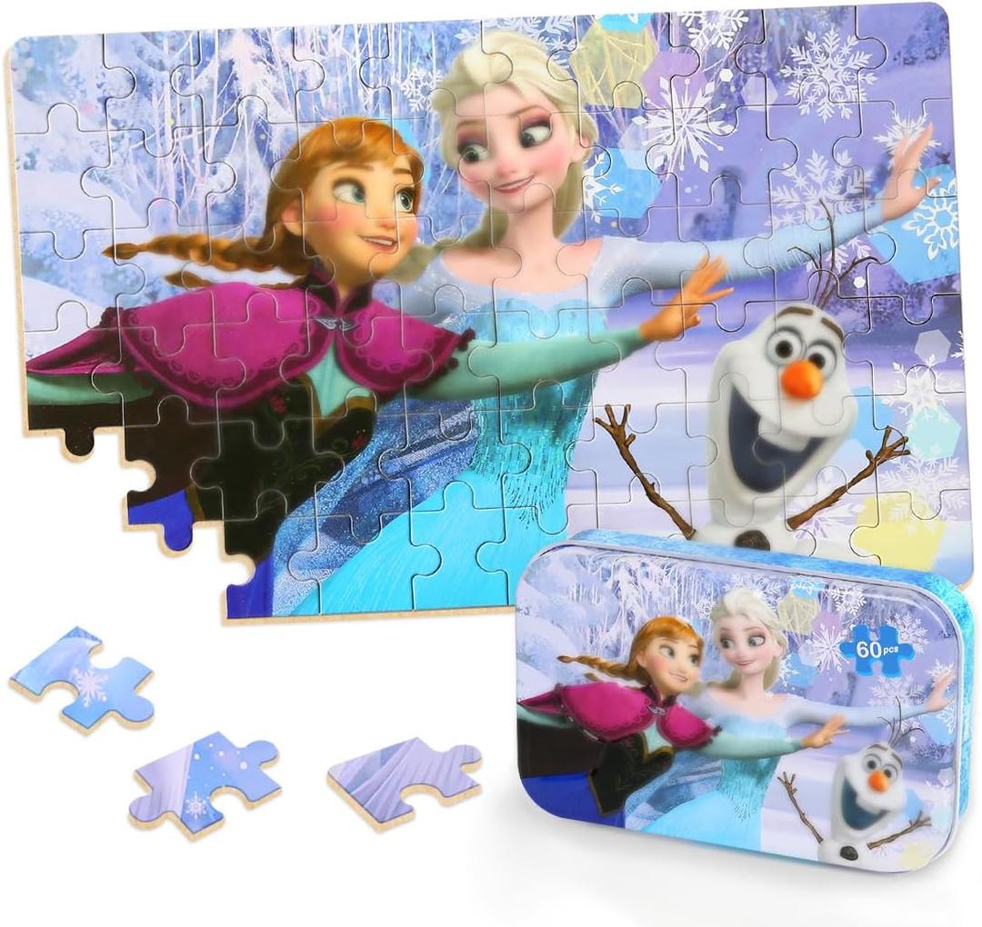 Puzzles for Kids Ages 4-8,Kids Puzzls in a Metal Box,Winter Princess Snowman Small Puzles,Kid Boys Girls Learning Educational Puzzle Packed in Tin Box,60 Pieces