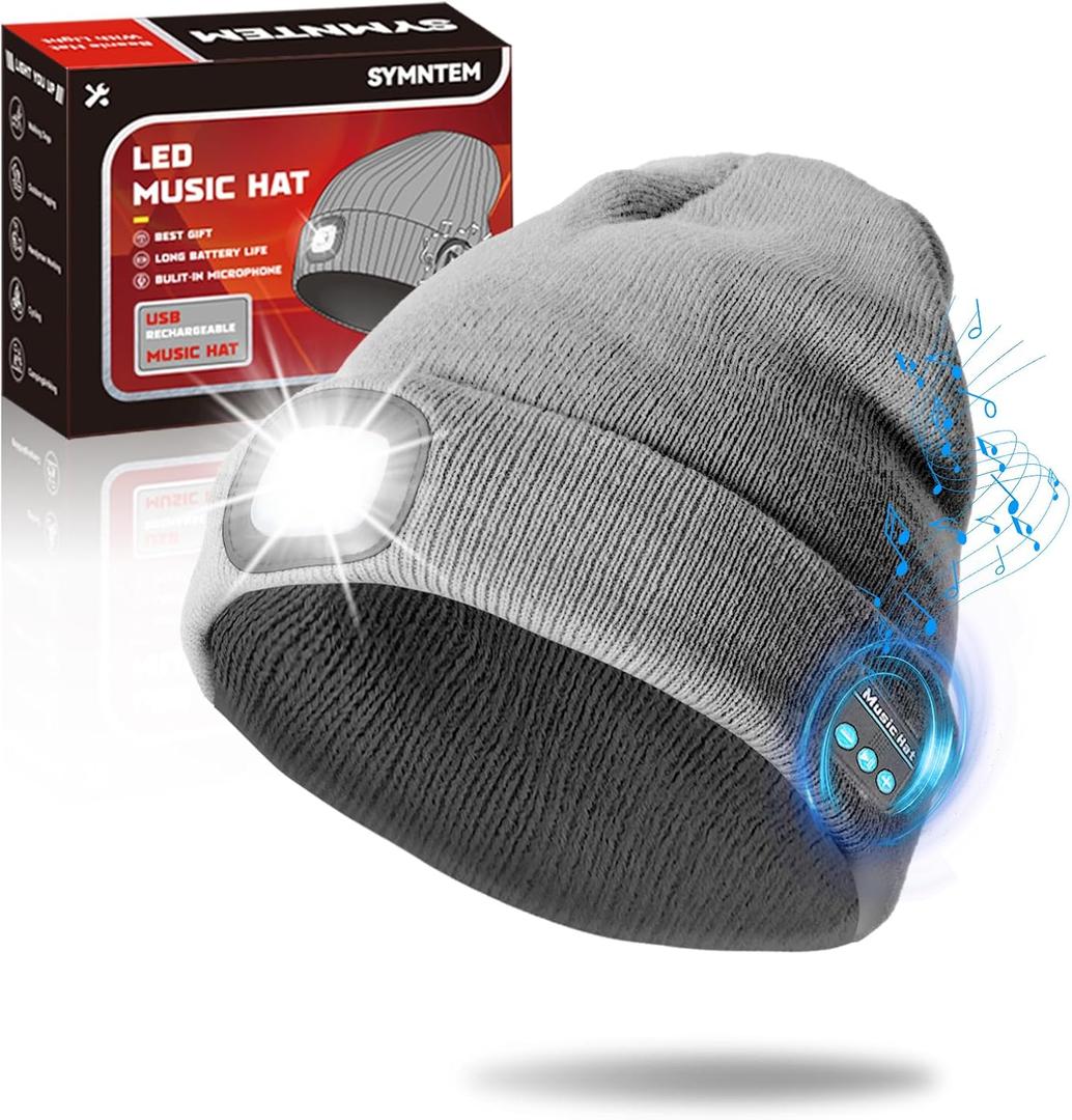 Gifts for Men, Rechargeable Bluetooth Music Unisex Beanie Hat with Light, Valentines Day Gifts for Him, Birthday Gifts for Men, Women, Grey (Gray)