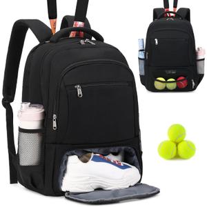 Tennis Backpack Tennis Bag for Women Men - Tennis Bag Holds 2 Rackets, Badminton Squash, Pickleball Paddles Balls (Black)