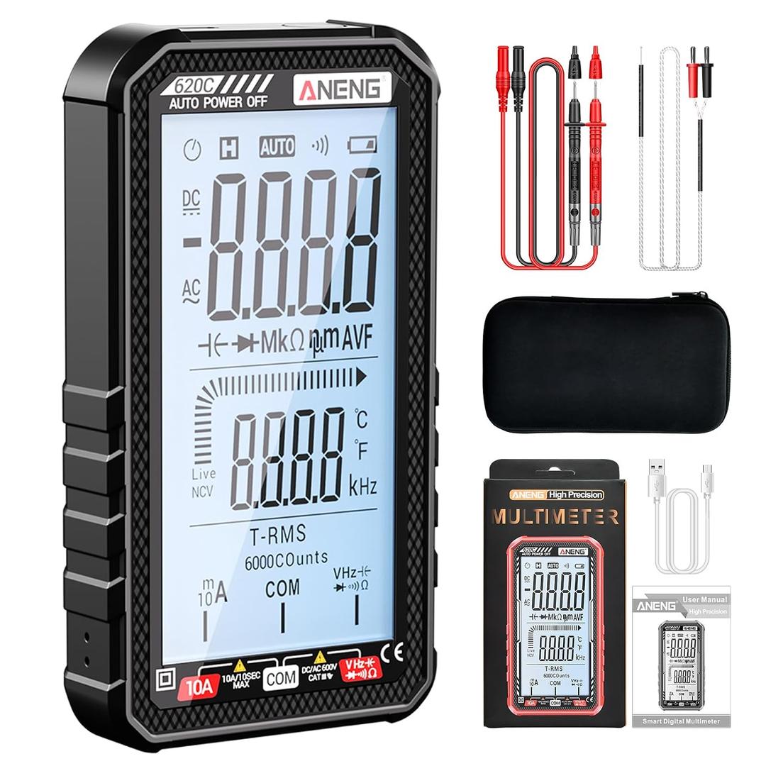 Digital Multimeter Tester, Smart Digital Multimeter 6000 Counts with Auto Ranging Digital Voltmeter Measures Voltage Current Resistance Continuity for Electricians,DIY (620C Black)