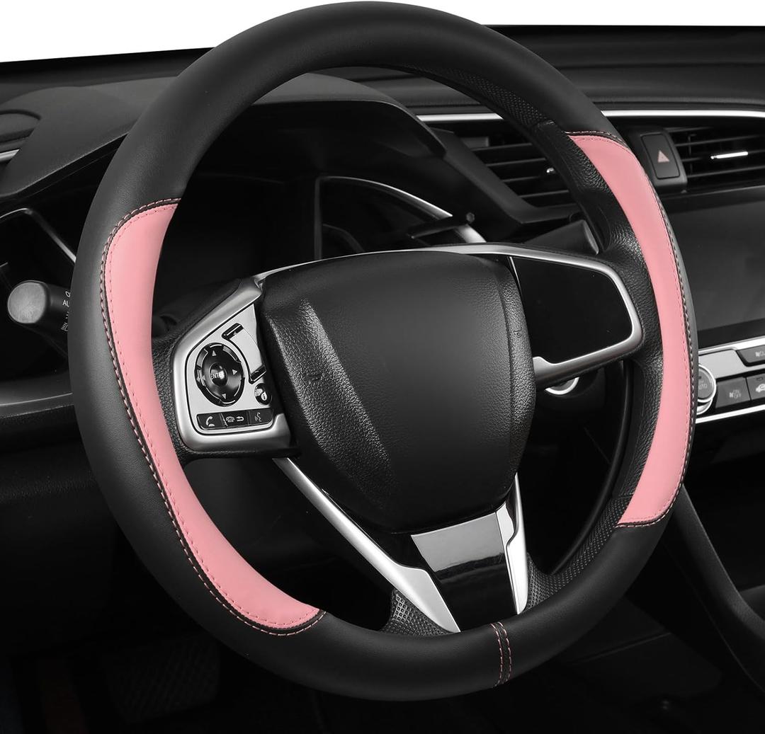 Car Steering Wheel Cover,Microfiber Leather Steering Wheel Cover Universal 14.5-15 inch, Anti-Slip Breathable Auto Wheel Cover Protector for Men Women (Black&Pink)