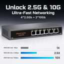 10Gb Ethernet Switch Unmanaged with 2 x 10G RJ45 Ports + 4 x 2.5G RJ45 Ports, 60Gbps, Fanless Metal, Plug & Play, VLAN, Desktop/Wall Mount for NAS, Gaming, WiFi 7 AP