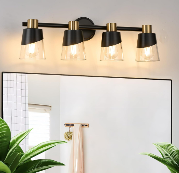 Bathroom Vanity Light Modern Black Bathroom Light Fixture Over Mirror with Glass Lampshade for Kitchen Hallway 4 Lights 