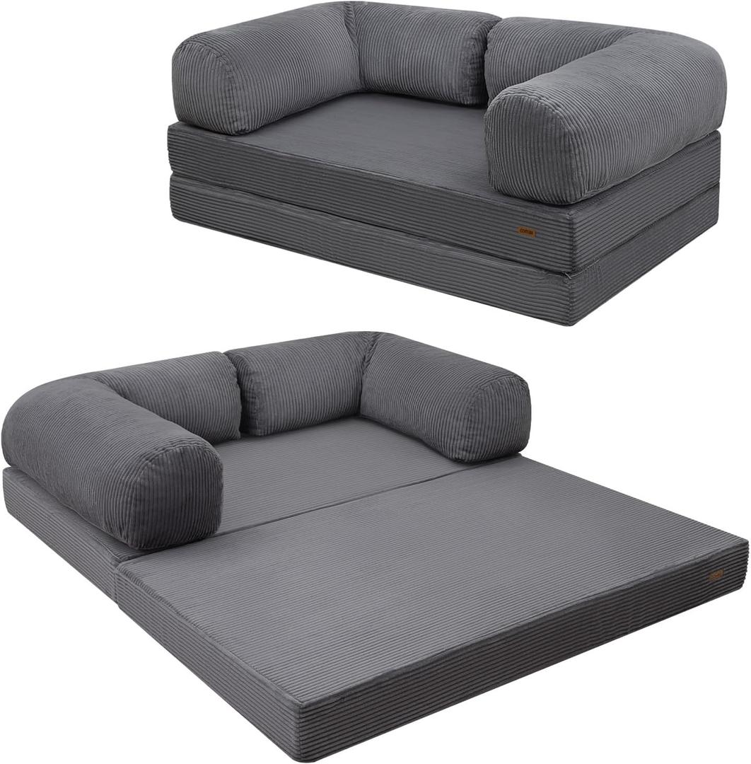 COMAX Futon Sofa Bed, 4-in-1 Floor Foldable Sofa Couch Bed Queen with L-Shaped Armrests, Convertible Folding Chair Bed Sleeper Mattress Fold Out Comfy Lounge for Living Room Bedroom, Dark Grey