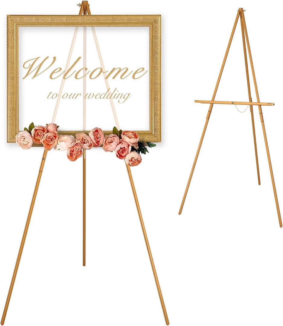 VISWIN Upgraded 63" Gold Wooden Easel Stand for Sign, Tripod Easel for Wedding Sign Stand, Welcome Board, Poster, Picture, Canvas Art Easel Floor with Tray for Display & Painting