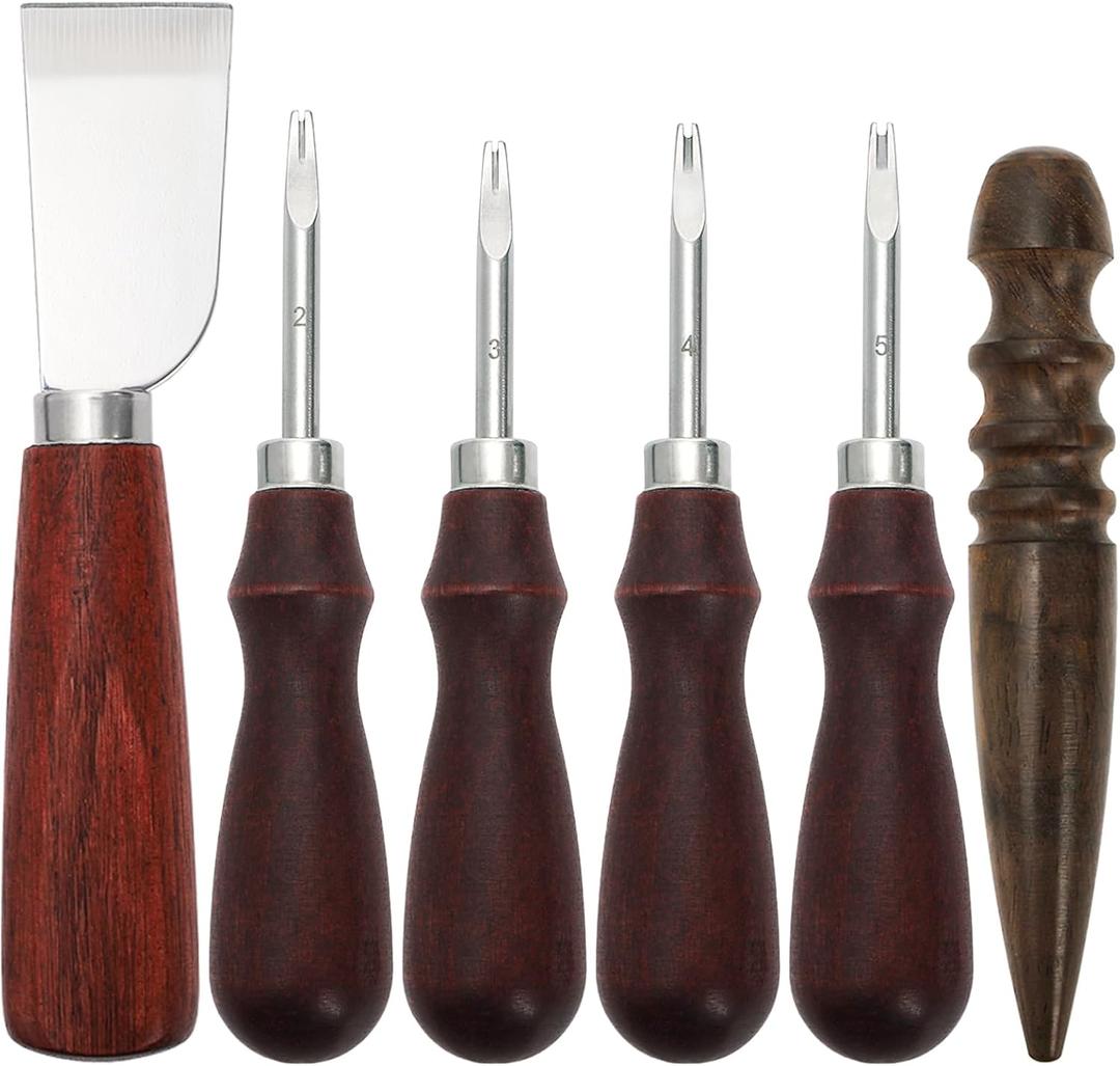 ZEAYEA 6 Piece Leather Knife Set, Including 4 Edge Beveler, 1 Skiving Knife and 1 Sandalwood Burnisher, Leather Craft Tool Set for Craft Cutting, Shoe Repair, DIY Projects